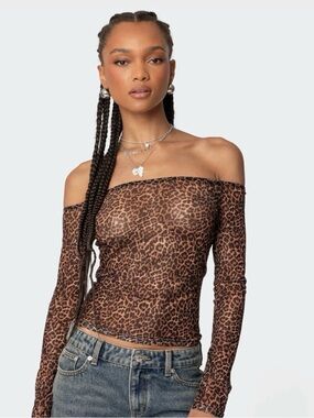 Edikted Leopard Off-Shoulder Long Sleeve Mesh Top